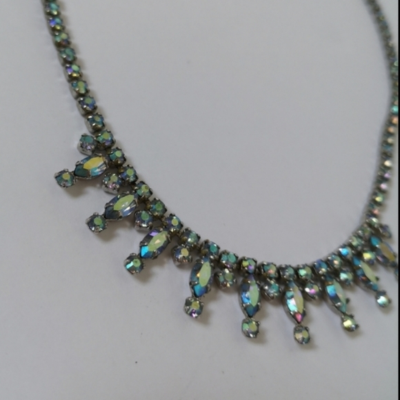Vintage Sherman aurora borealis iridescent blue rhinestone necklace - Picture 5 of 7